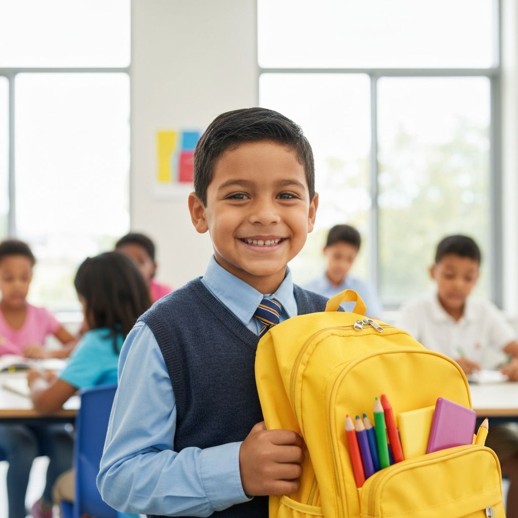 Estudiante feliz con útiles